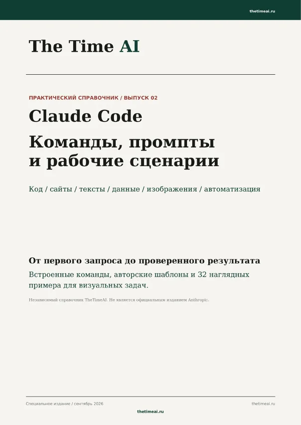 Обложка справочника The Time AI: Claude Code — команды, промпты и рабочие сценарии