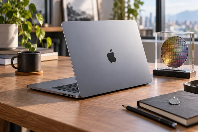 Концептуальная фотореалистичная иллюстрация ноутбука Apple для работы с локальным ИИ