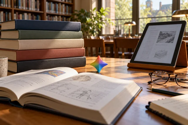 Концептуальная фотореалистичная иллюстрация учебников и работы с Gemini Notebook