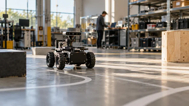 Фотореалистичная сцена робототехнической лаборатории с автономной машиной и промышленным роботом