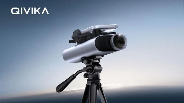 Продуктовый рендер подзорной трубы QIVIKA Smart Scope на штативе